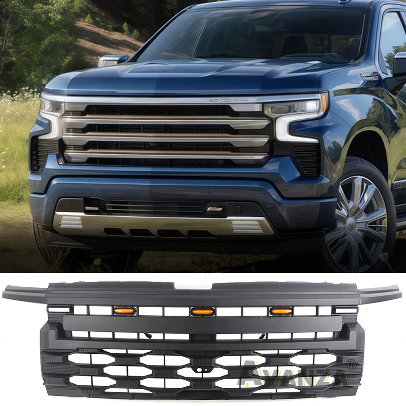 

Front Grill With Amber Lights Matte Black Fits For 2023-2024 Silverado Chevrolet Racing Grill