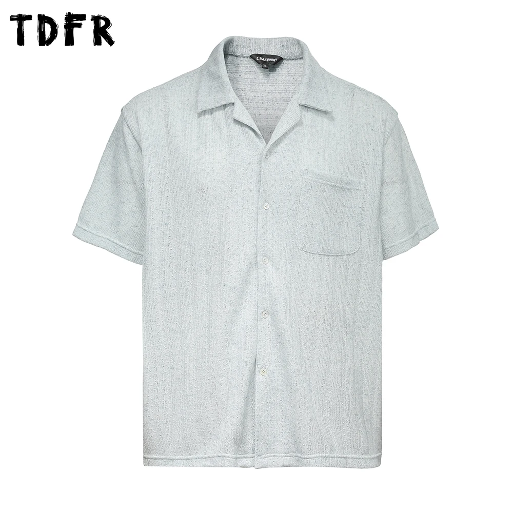 

Однотонные трикотажные рубашки с короткими рукавами и карманами, мужские летние повседневные рубашки в стиле ретро, свободного кроя, с отложным воротником, на одной пуговице, с коротким рукавом