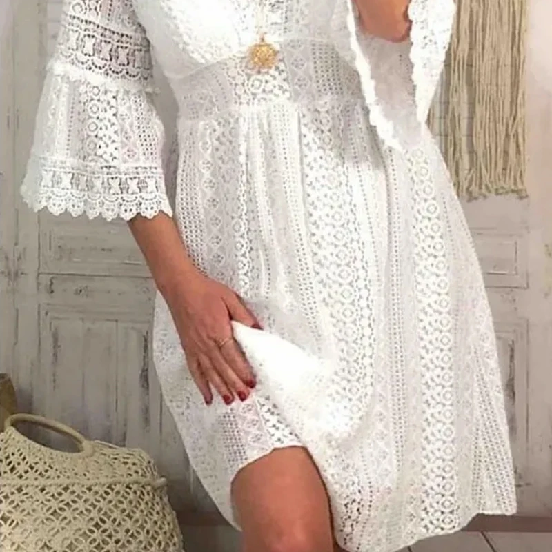 Spring Summer High Waist White Dresses Women Vestidos Elegant Flare Sleeve Dress New Casual V-neck Hollow Out Lace Dress 28307