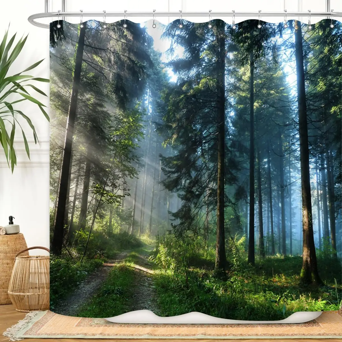 Trees Forest Sunlight Shower Curtain Straight Tall Trees Sunshine Attractive Nature Landscape Waterproof Fabric Bathroom Decor