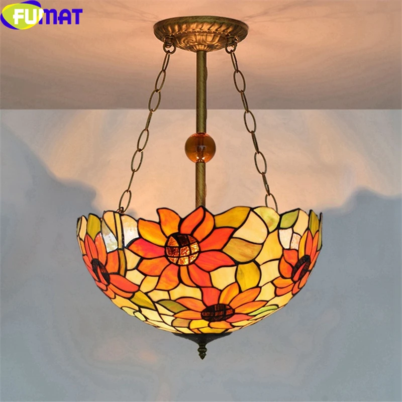 Fumat Tiffany Pendant Light Vintage Stained Glass Sunflower LED Decor Hanging Light Dining Living Room Bedroom Ceiling Pendant