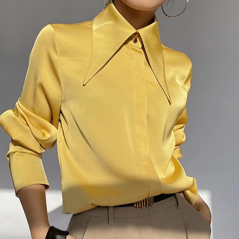 Vintage Turn Down Collar Shirts 2024 Fashion Office Lady Elegant Tops Long Sleeve Satin Blouses Autumn Casual Clothing