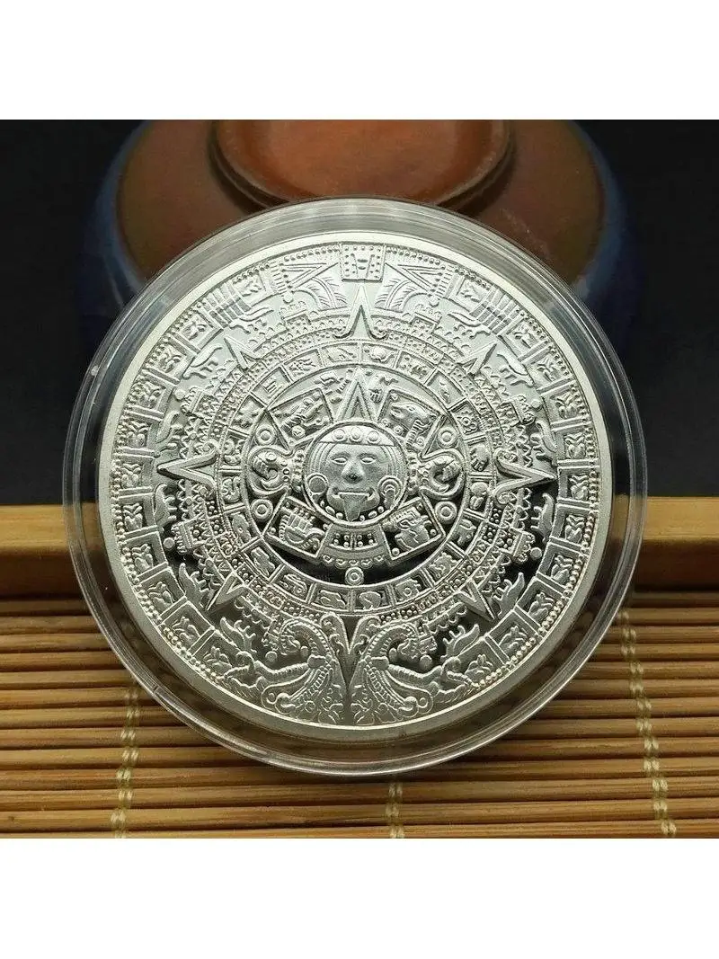 Moneda Conmemorativa Maya Lucky Coin Bañada en Plata, Regalo Creativo, Tótem Creativo con Reloj Solar, Adornos Culturales Bañados en Oro
