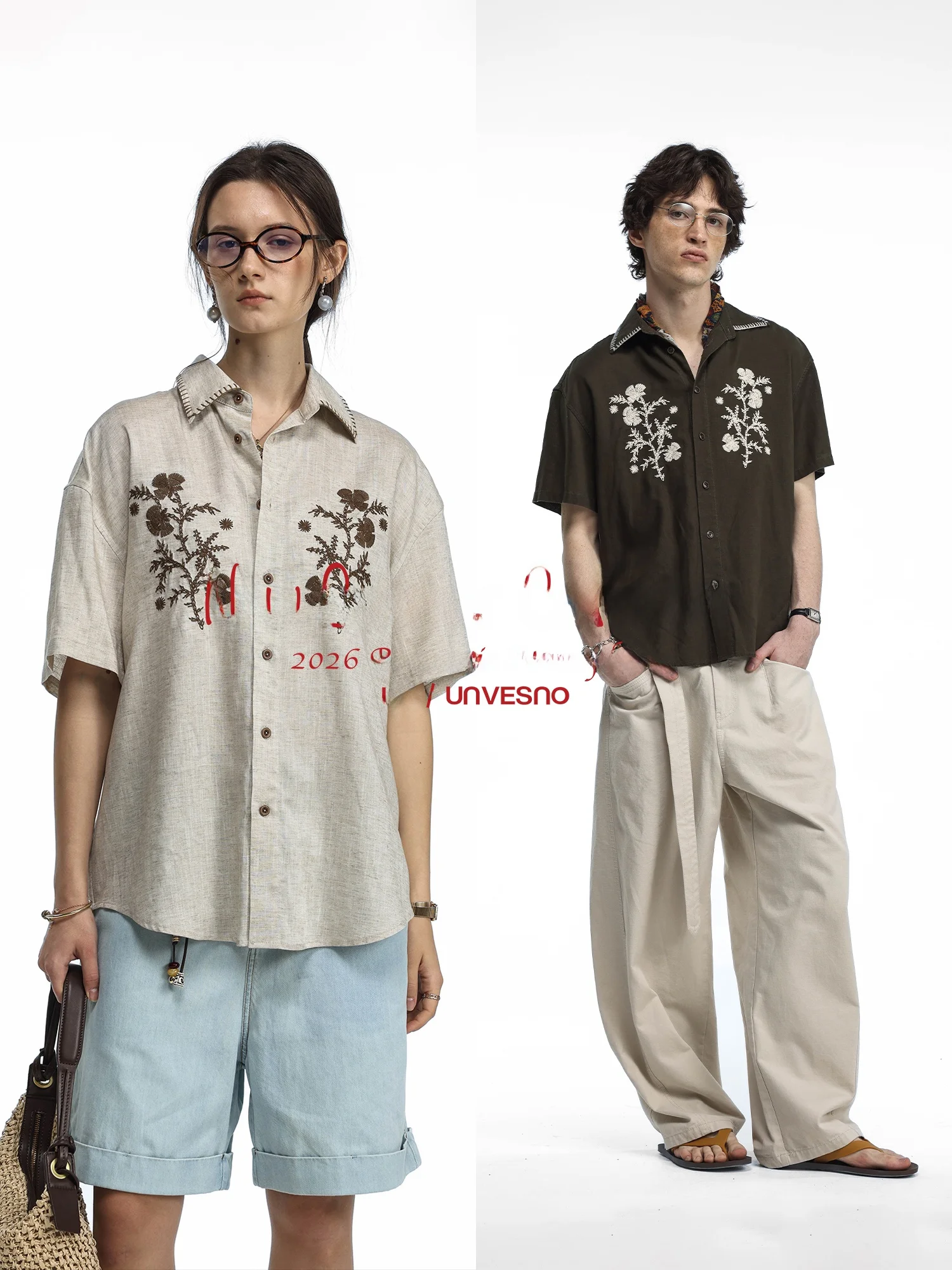 

Heavy Embroidery Flower Mixed Fiber Shirt UnvesnoUNStaycation Mid-century Linen Lyocell Blend Fashion Urban Youth Loose Fit