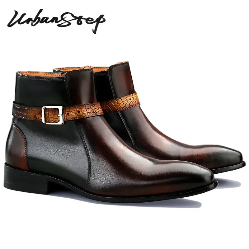 LUXURY BRAND MEN'S BOOTS HIGH ZIPPER ANKLE BOOTS BUCKLE STRAP CASUAL MENS DRESS SHOES GENUINE LEATHER BASIC BOOTS SHOES FOR MEN