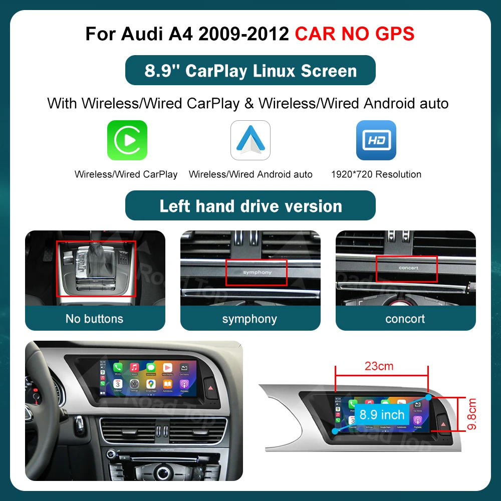 Road Top RoadTop 12,3 Zoll Wireless CarPlay Multimedia Ultradünner Bildschirm Android Auto Für Audi A4 2009-2012 Airplay Autolink Funktion 3
