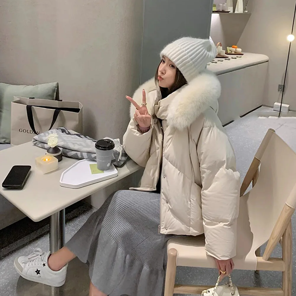 2024 Korean Style Thicken Parkas Women\'s Winter Fur Collar Down Jacket Fashion Cotton-padded Women\'s Short Coat Hooded Outerwear
