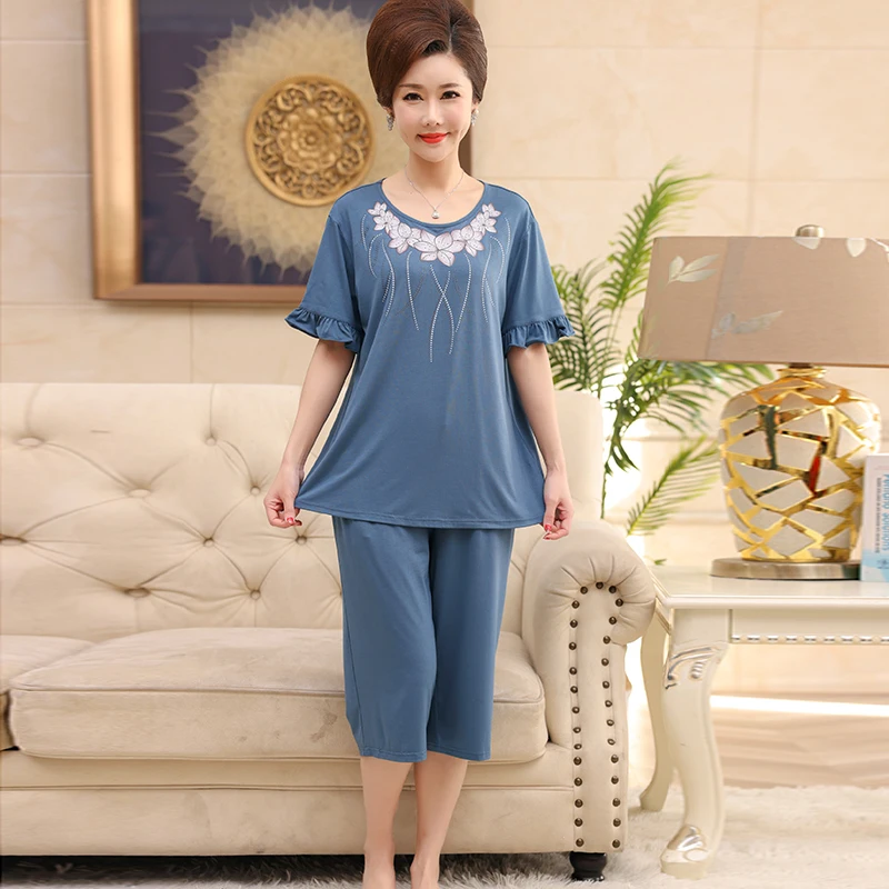 Elegant Flowers Women Pajamas Set Summer New 2 Pcs/set Sleepwear Modal Pijamas Mujer Calf-Length Pants Sleepwaer Home Clothes