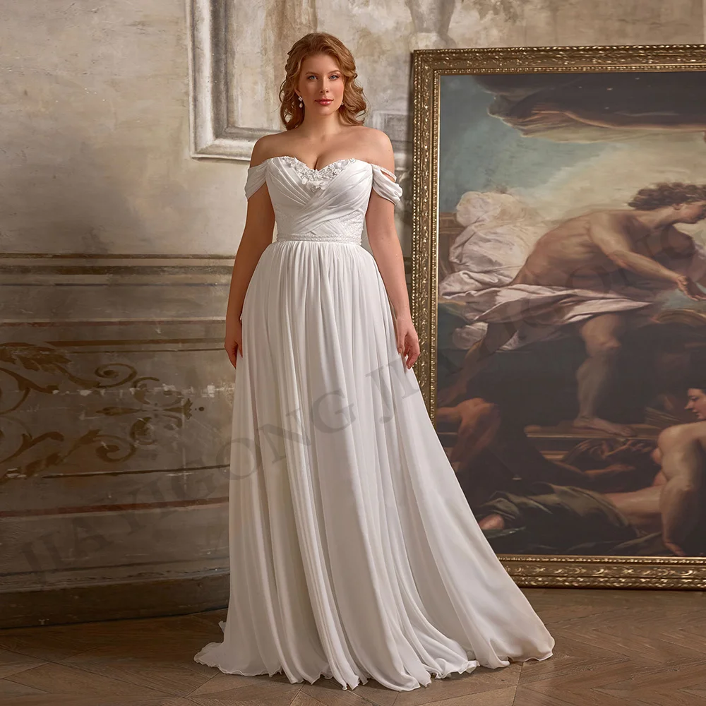 Wedding Dress Plus Size for Women Bride Off The Shoulder Sweetheart Beading Sequin Flowers Chiffon A Line Corset Bridal Gonw