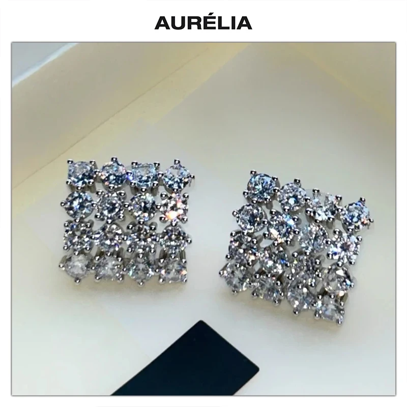 

Europe Copper Plated Platinum Zircon 925 Silver Needle Geometry Earring Woman Jewelry Party Trend