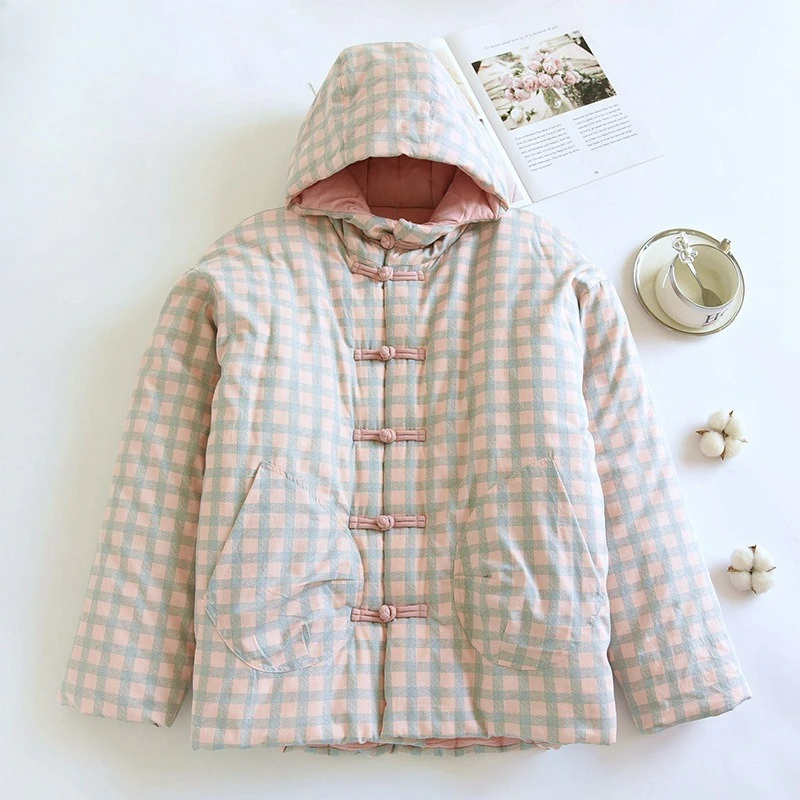 

Осенне-зимняя клетчатая хлопковая куртка с капюшоном 2025 года, теплая китайская хлопковая куртка ручной работы