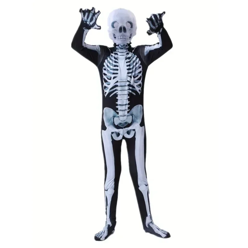 Halloween Skeleton Impresso Traje para Meninos, Macacão com Máscara Assustadora, Spooky Devil Role Play, Holiday Party