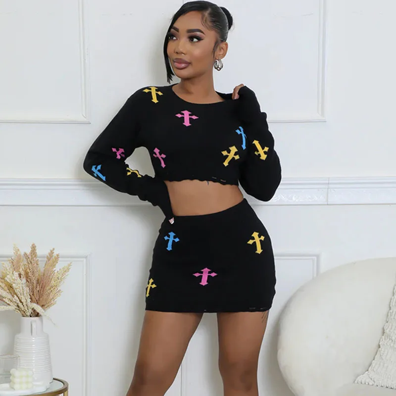 Sifreyr Embroidered Cross Printing Knitted Skirts Set Round Neck Long Sleeved Sexy Exposed Navel Top Hip Hugging Skirt Suit