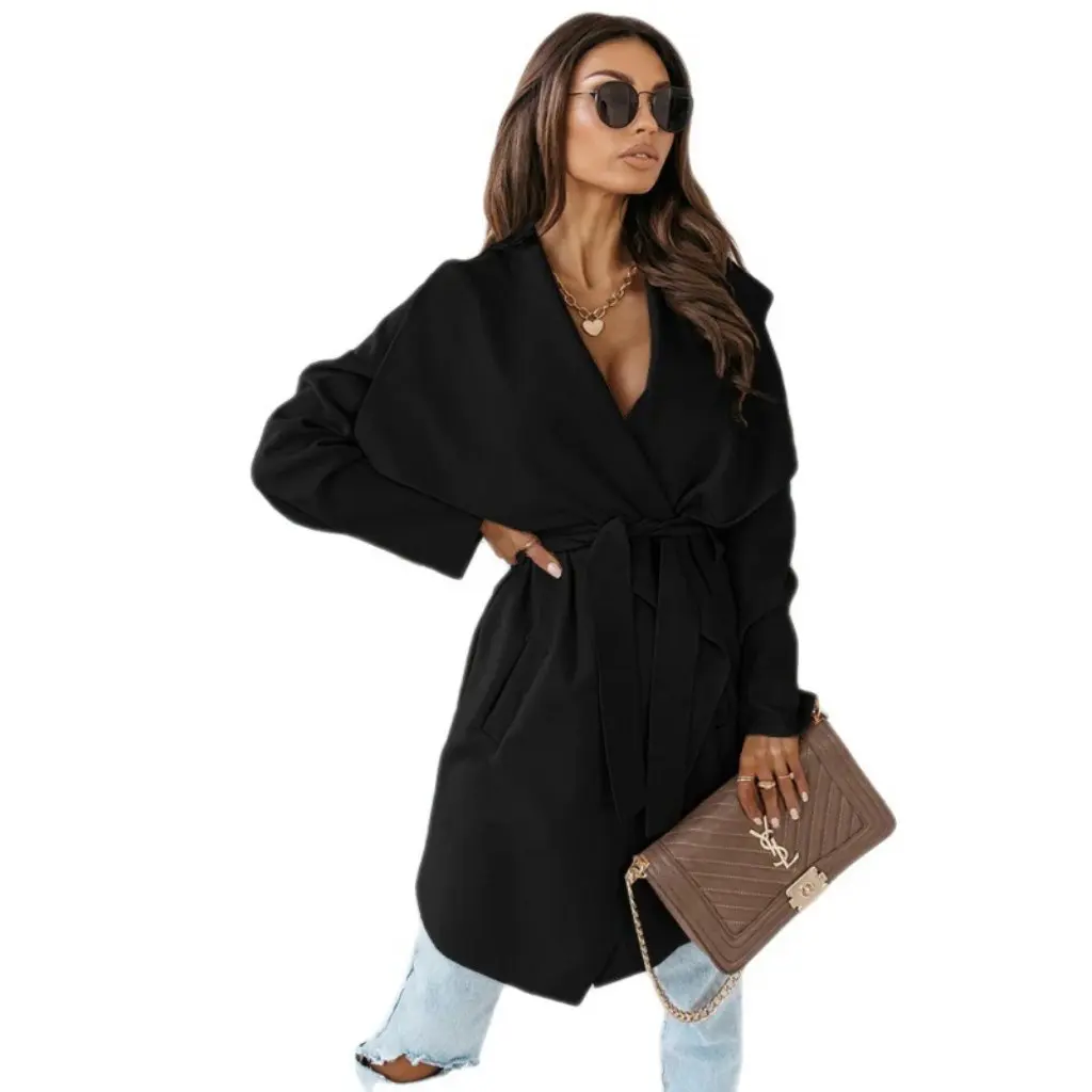 

Women's Solid Color Long Sleeve Cardigan Woolen Coat Autumn Winter Fashion Tight Waist Strapped Wholesale Clothing