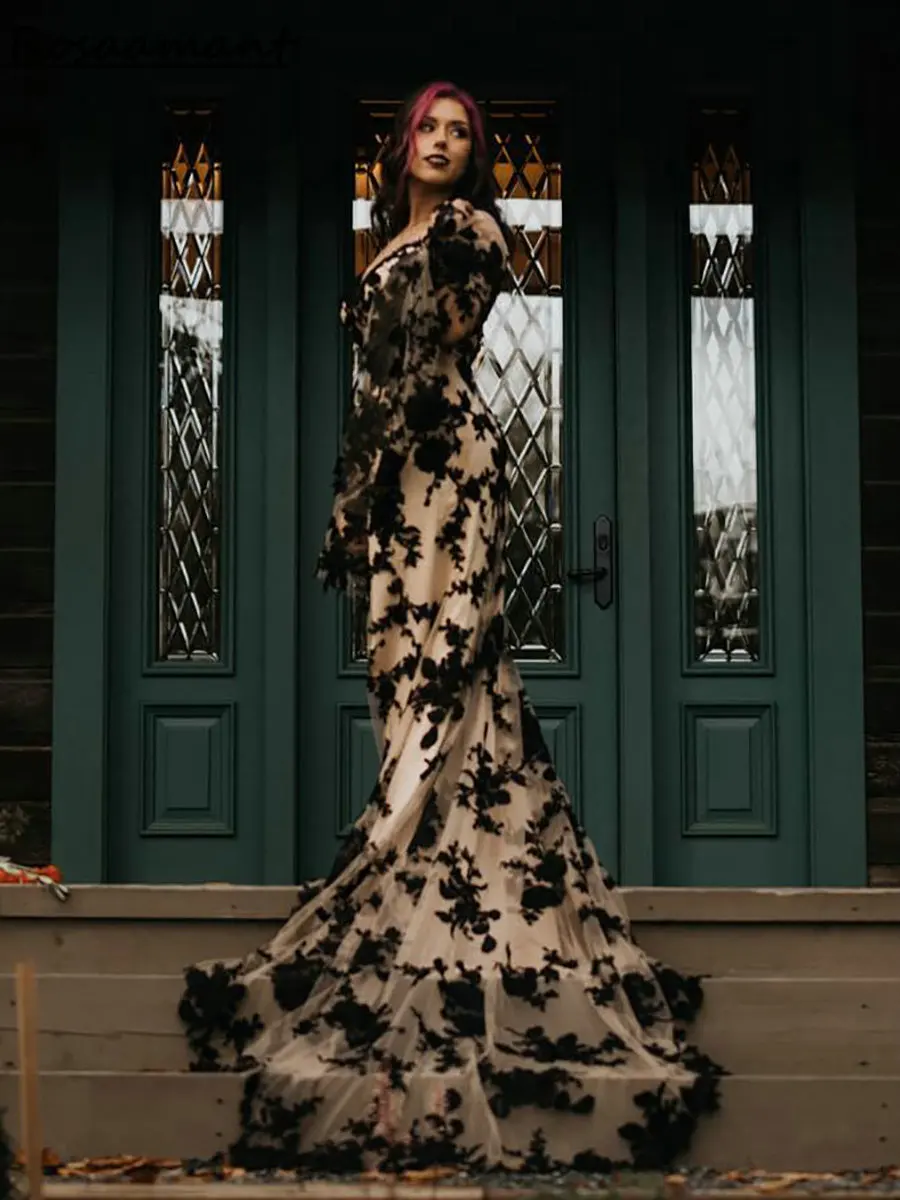 Vestidos De novia De sirena De encaje con apliques negros góticos, ilusión, manga larga acampanada, vestidos De novia