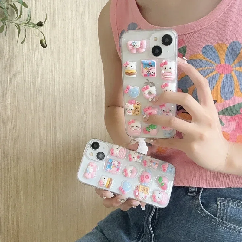 3D Kawaii Cute Cartoon Sanrio Hello Kitty  Phone Case For iPhone 15 Pro 14 13 12 11 Pro Max Clear Shockproof IMD Cover