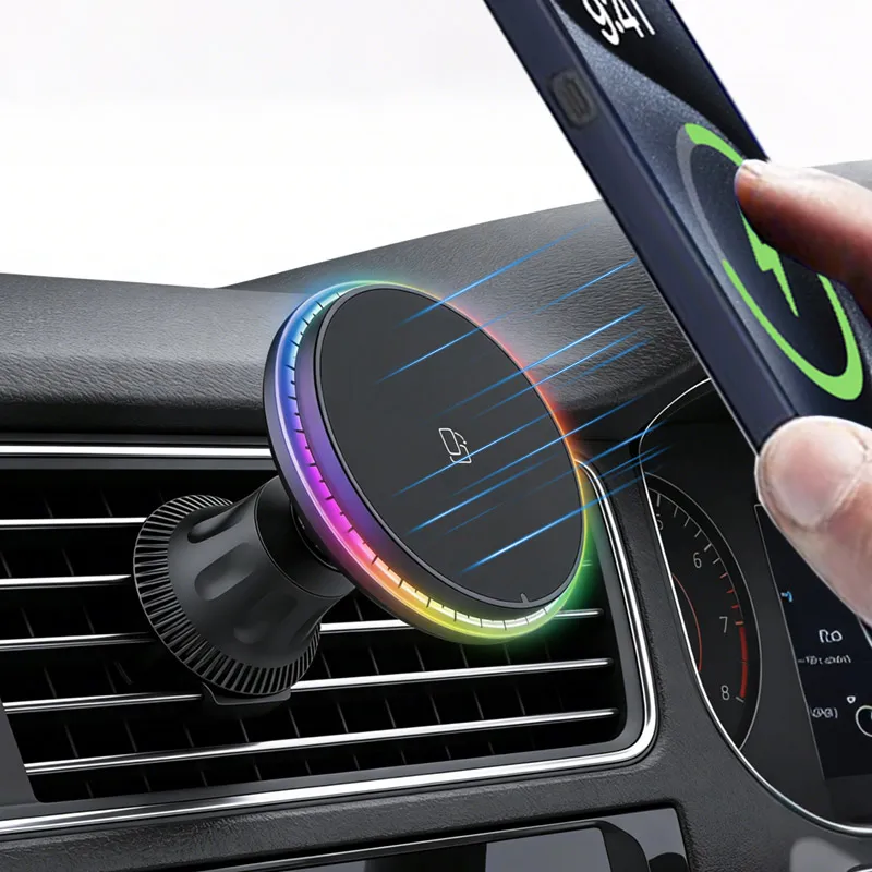 Car Magnetic Wireless Charger RGB/LED Light Fast Charging Air Vent Holder For iPhone 17 16 15 14 13 12 Pro Max Cellphone Bracket