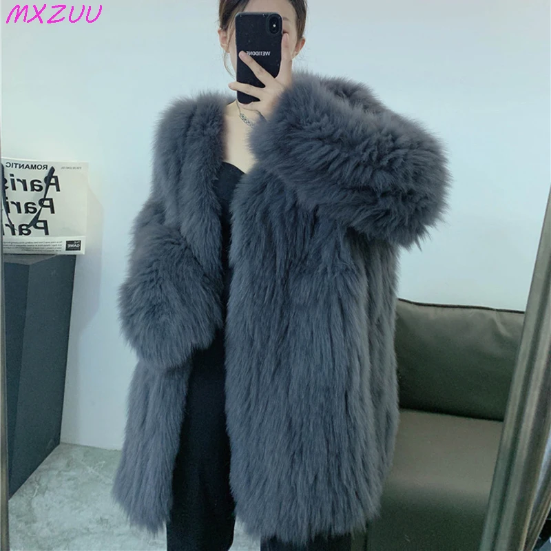 Jackets For Women 2022 Winter Very Warm V-Neck Pocket Casual Fox Fur Coats Woven Long Loose High End Fourrure Femme Overgarment 