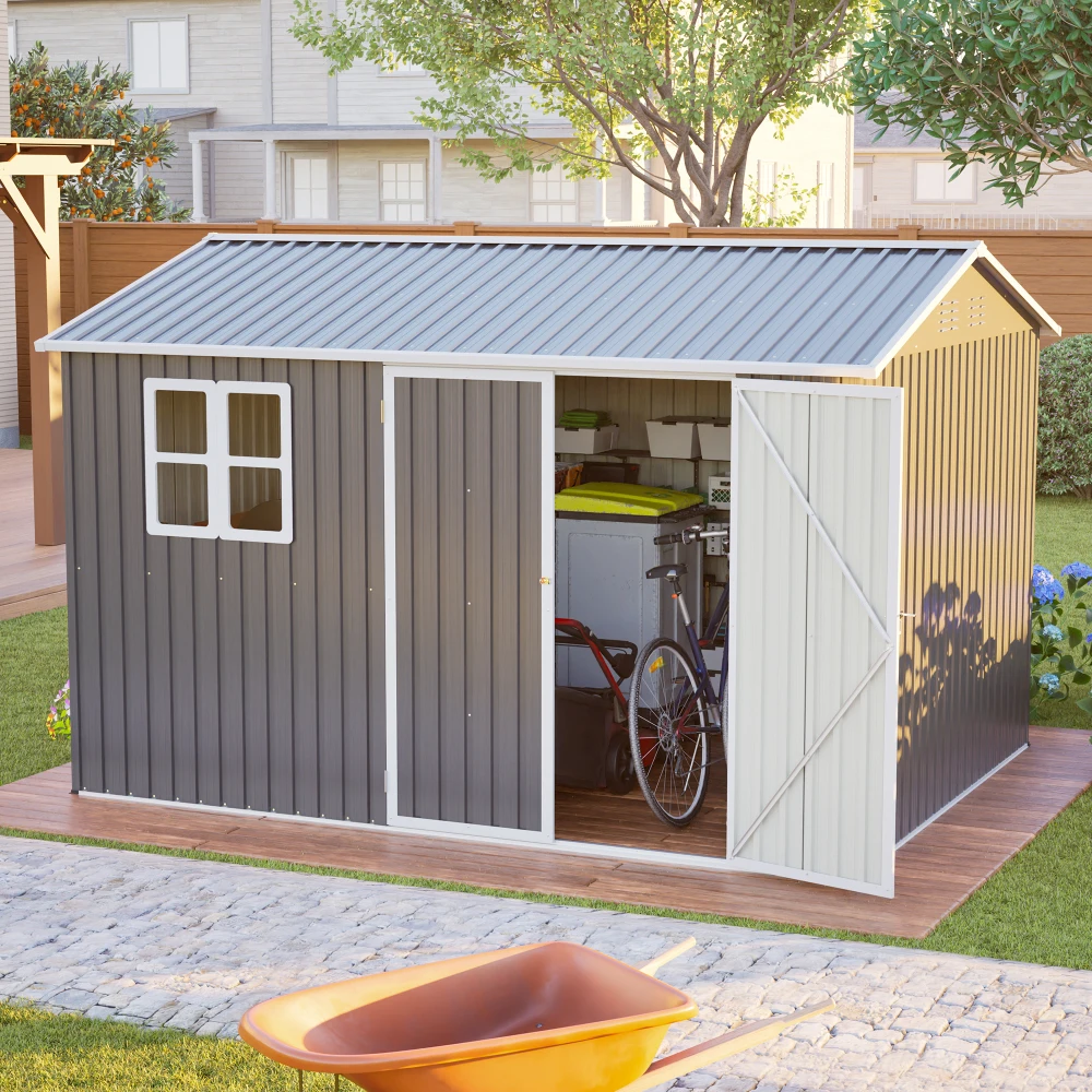 

10'x8' Heavy Duty Steel Storage Shed: Window, Lockable Doors & Sloped Roof - Dark Gray
