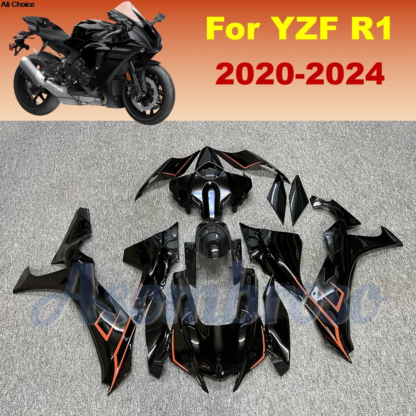 

Injection Fairing Body Set For Yamaha YZF-R1 2020 2021 2022 2023 2024 2025 YZF1000 Gloss Black & Orange Striped Print