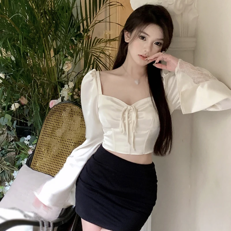 Blouse Square Neck Slim Sexy Temperament Expose Navel Trumpet Sleeves  Lace Split Women's Blouse Korean Version