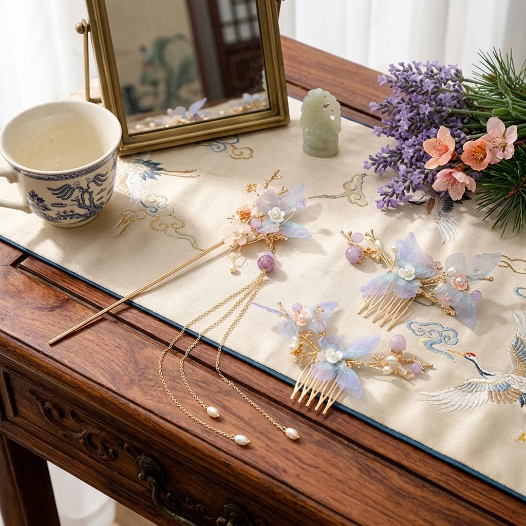 Antique Silk Butterfly Hairpin Elegant Jewelry Hair Accessories Hanfu Cosplay Tassel Comb Set Traditional Chinese Style Headwear 4