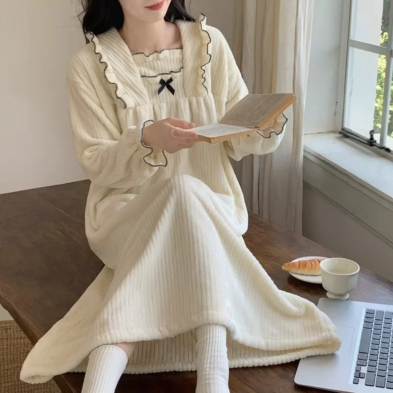 Winter Soft Flannel Nightgown Women Thickened Pajamas Dress Korean Sleepwear Student Home Clothes Coral Velvet Ruffle Loungewear  Women Sexy Lace Satin Pajama Set Factory Direct Wholesale, Affordable Bulk Price