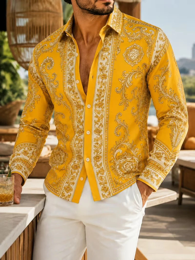 New Western denim style cherry blossom landscape printed shirt with patchwork casual men's long sleeved shirt