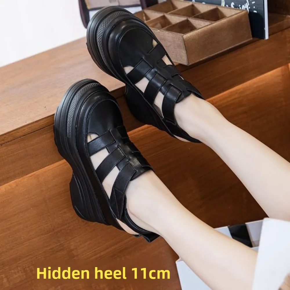 Women's 11cm Platform Princess Style Sandals Half Cut-Out Genuine Leather Thick Sole Elevator Shoes for Petite Ladies Summer