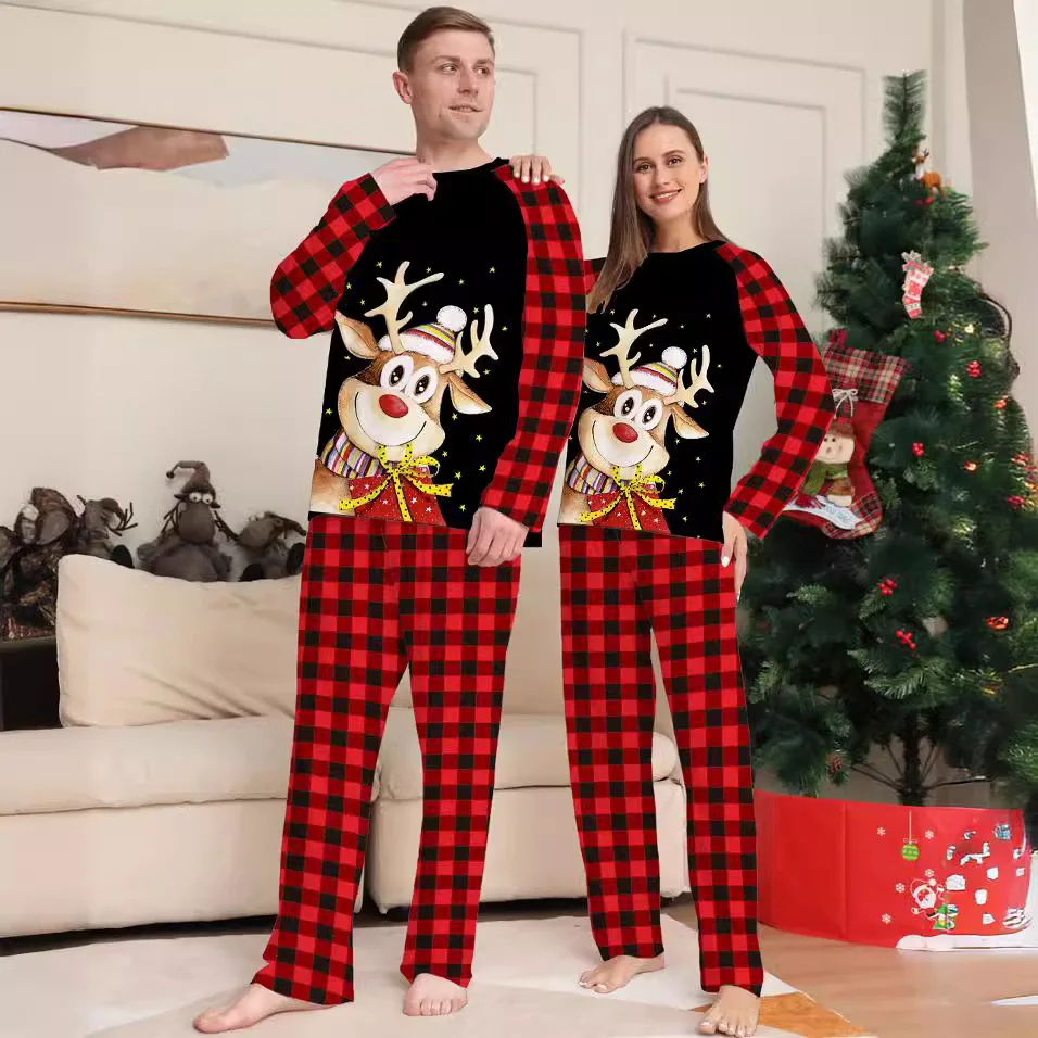 European and American Letter Checkered Christmas Parent-child Pajamas Set for Mom, Dad, kids, Pet Dog and Baby jumpsuit - view 2