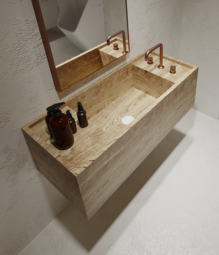 Medieval oak, elm, solid wood, rock slab, narrow edges, thin edges, extremely narrow deep sinks, washbasins, countertops