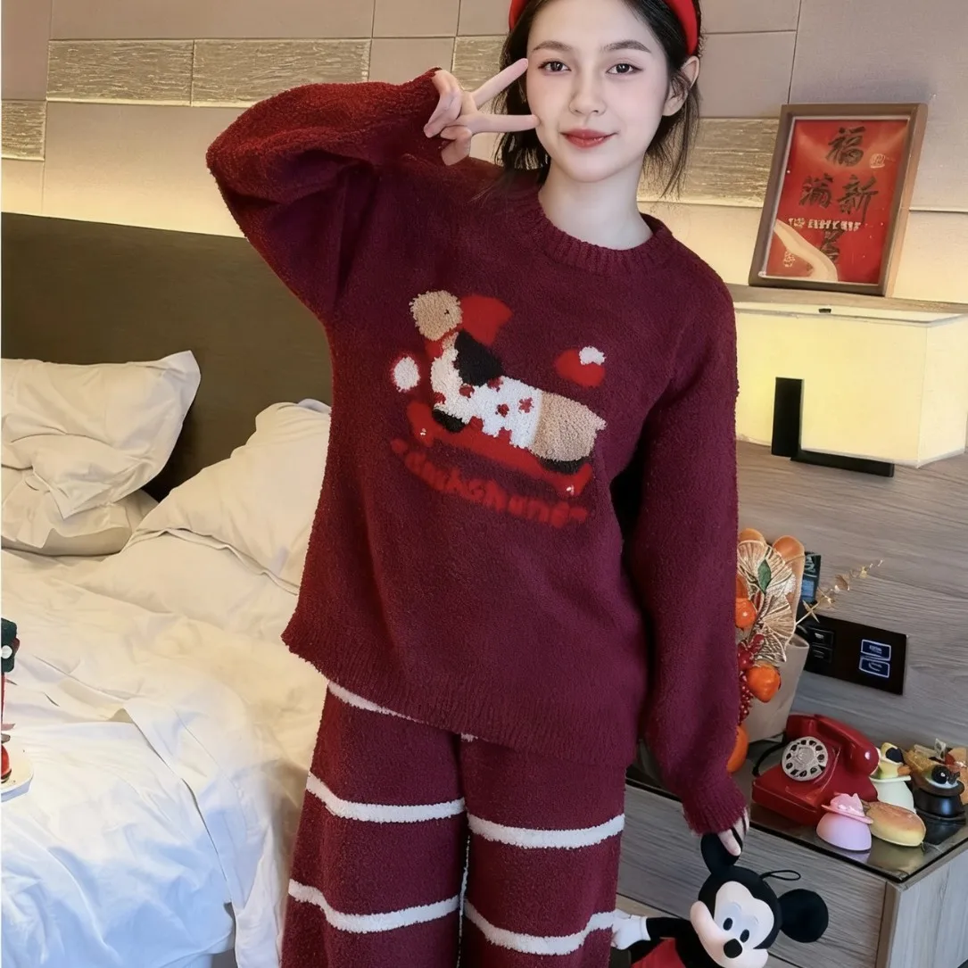 Red cartoon teddy bear, sweet and cute pajamas, loose fit, round neck pullover, soft and thick, lazy style women's home clothes