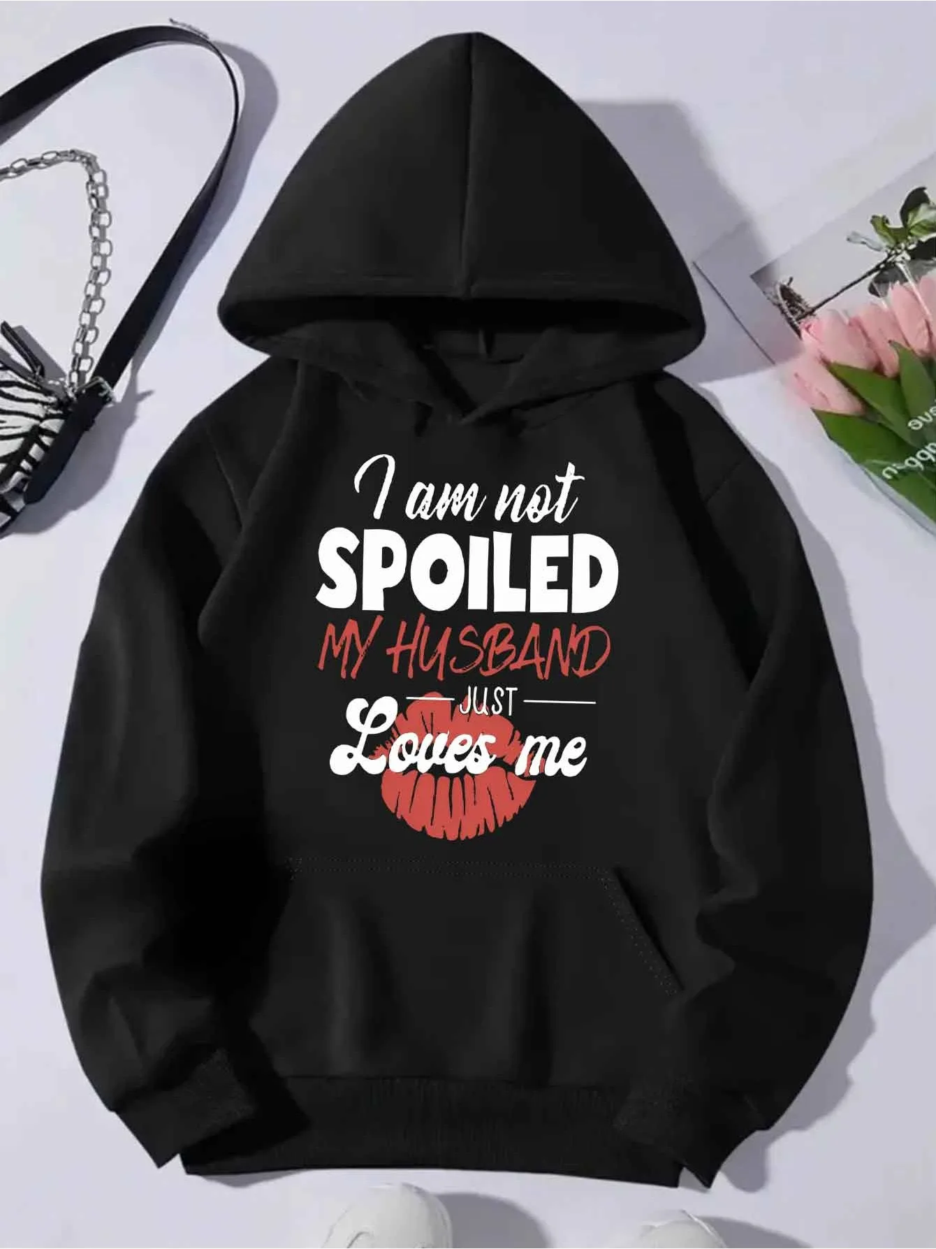 عرض خاص: ملابس نسائية أنيقة "MY HUSBAND" سترة مطبوعة، بلوفر بأكمام طويلة وغطاء للرأس