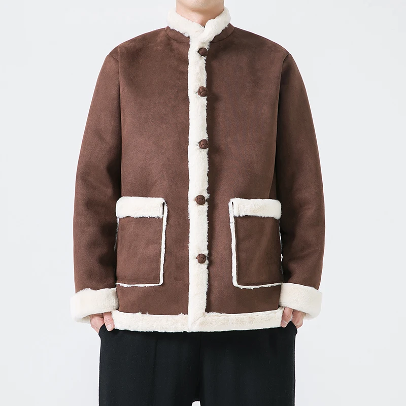 Jaqueta de Hanfu acolchoada de algodão estilo chinês masculino, casaco grosso quente, parkas de peles artificiais soltas, forro de lã, masculino, outono, inverno