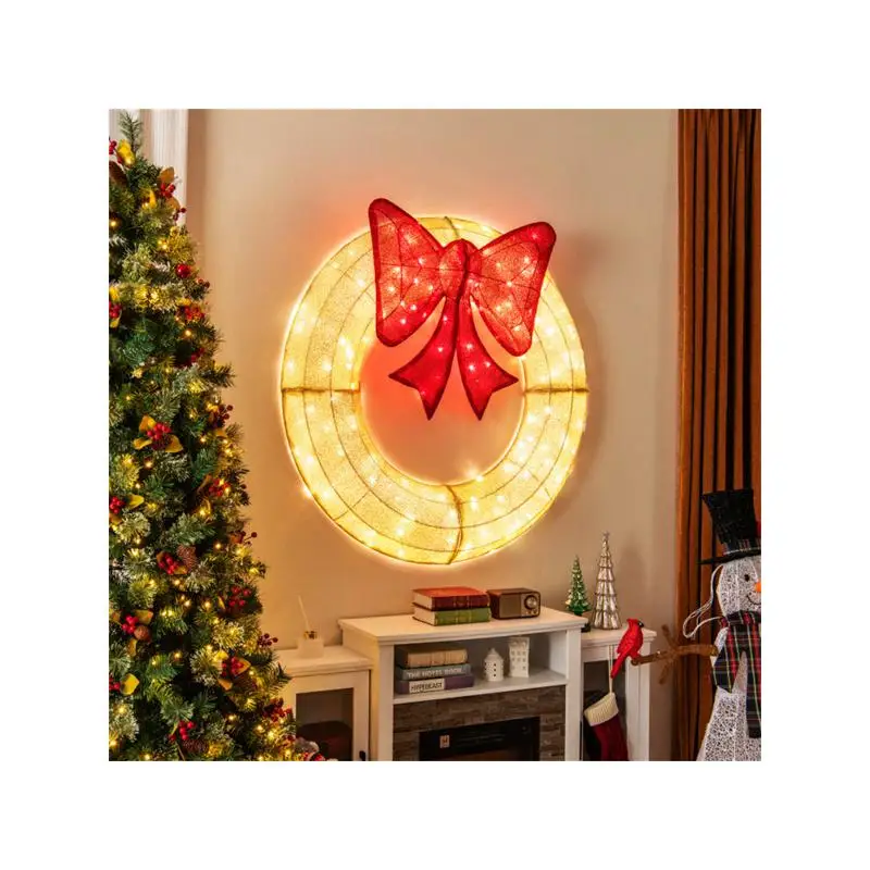 

48 Inch Pre-Lit Christmas Wreath with 200 Warm White and Red LED Lights, Large 29x30 Bow, IP44 Weatherproof for Indoor and