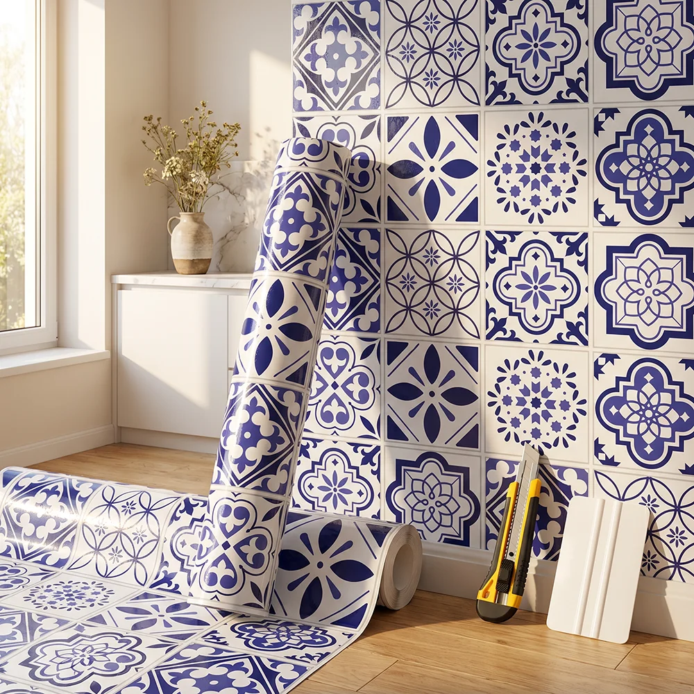 Blue White Portuguese Azulejo Tile Contact Paper Peel & Stick Waterproof Wallpaper for Kitchen Backsplash Bathroom Cabinet Decor