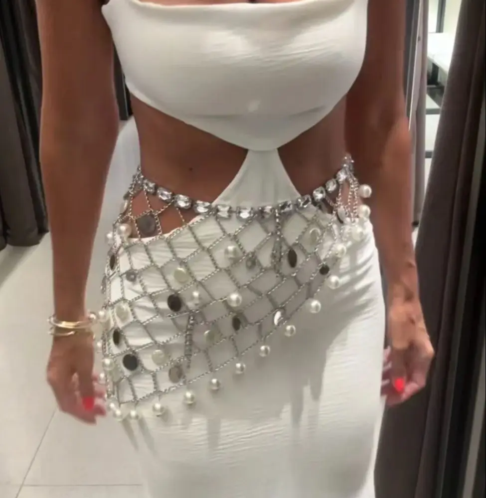 

Summer European And American Handmade Festival Pearl Pendant Chain Belt Mesh Versatile Half-Length Skirt