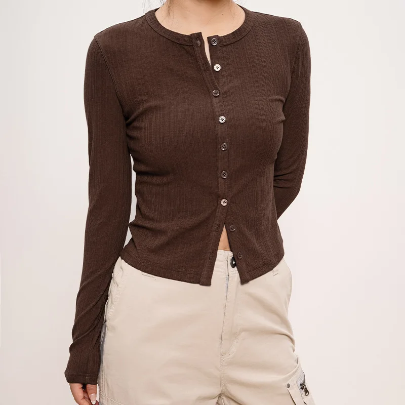 

Women Long Sleeve Knit Cardigan 2025 Autumn Thin Lightweight Button Down Ribbed Stretch Tee Shirt Top​