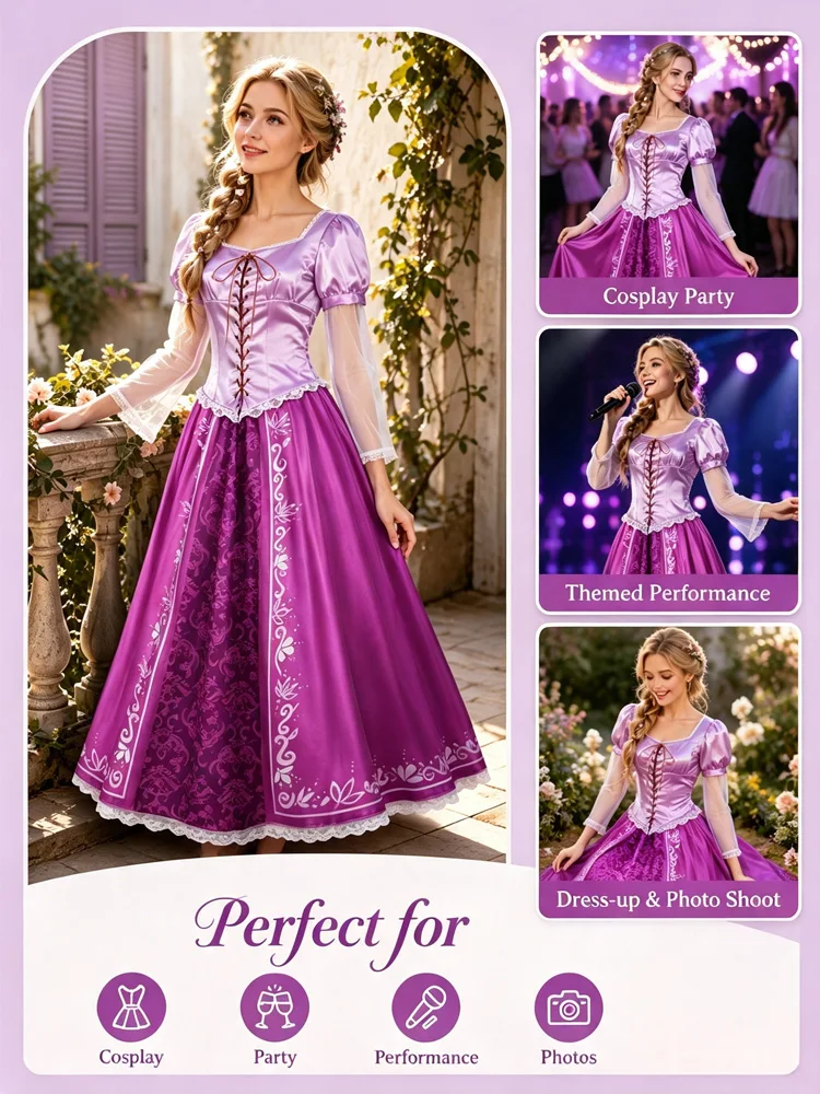 Princess Rapunzel Cosplay Costume Medieval Princess Gown Corseted Lace-Up Dress Perfect Halloween Carnival Birthday Parties Glam view 3