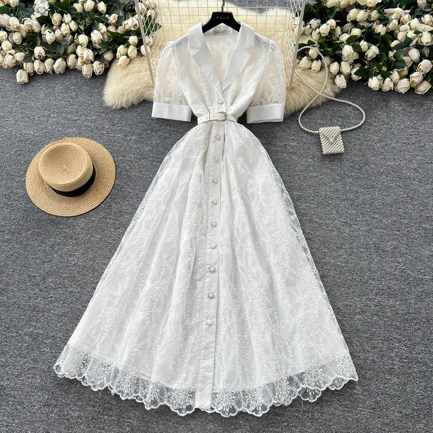 

Summer Elegant French Flower Button Embroidery Prom Evening Wedding White Lace Dress Women Notched V-Neck Belt Party Dresses