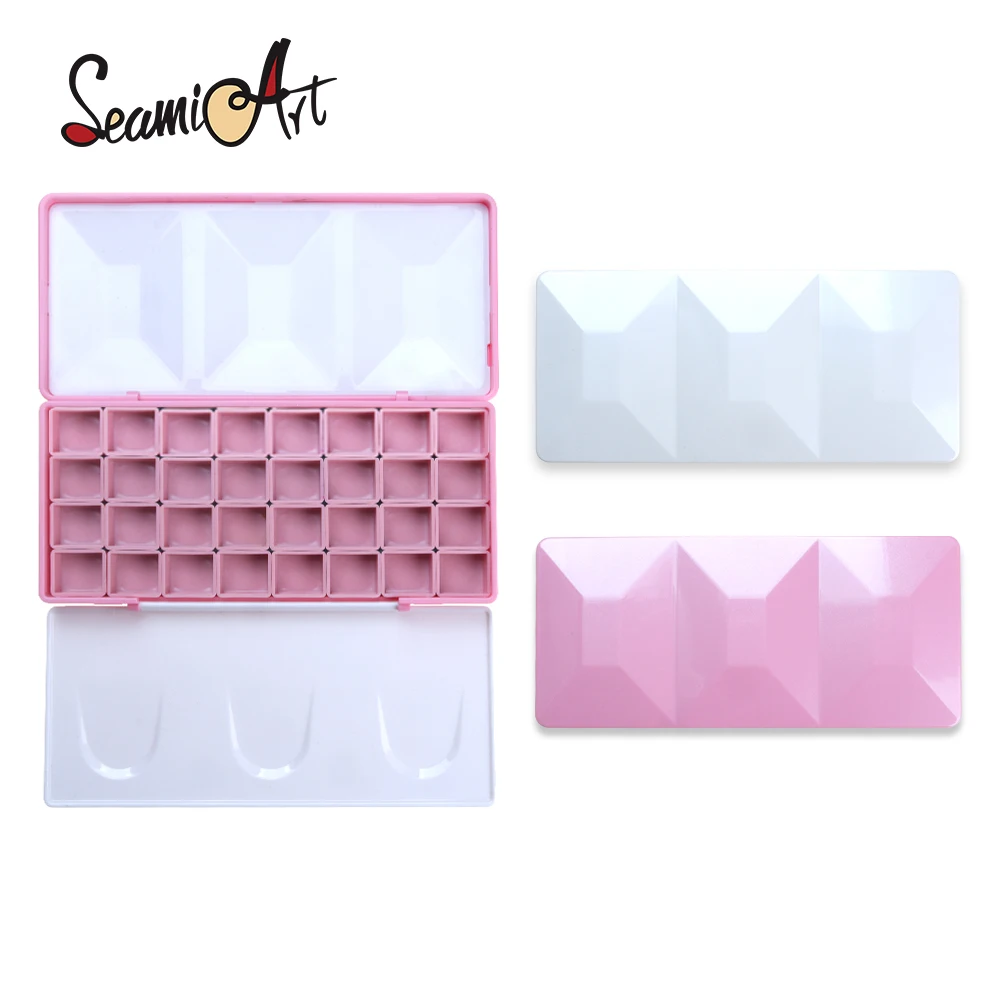 SeamiArt 1pc Big Size Imitation Enamel Diamond Travel Case Palette with 32pcs Magnet Half Pans for Watercolor Paint Subpackage