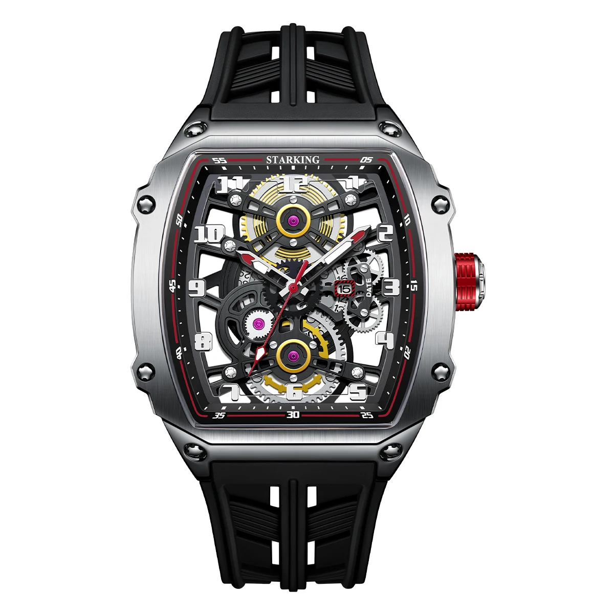 

STARKING Luxury Men’s Automatic Mechanical Watch Skeleton Dial Silicone Band Tonneau Design Waterproof Luminous Sport Wristwatch