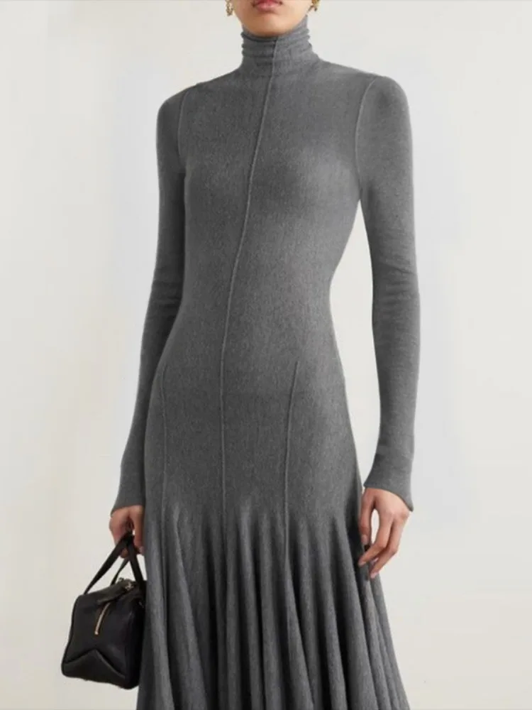 Freeacy 2025 Autumn and Winter New Slim Fit Long Sleeves Maxi Dress for Women Solid Gray High Neck Pleated Casual Party Dresses