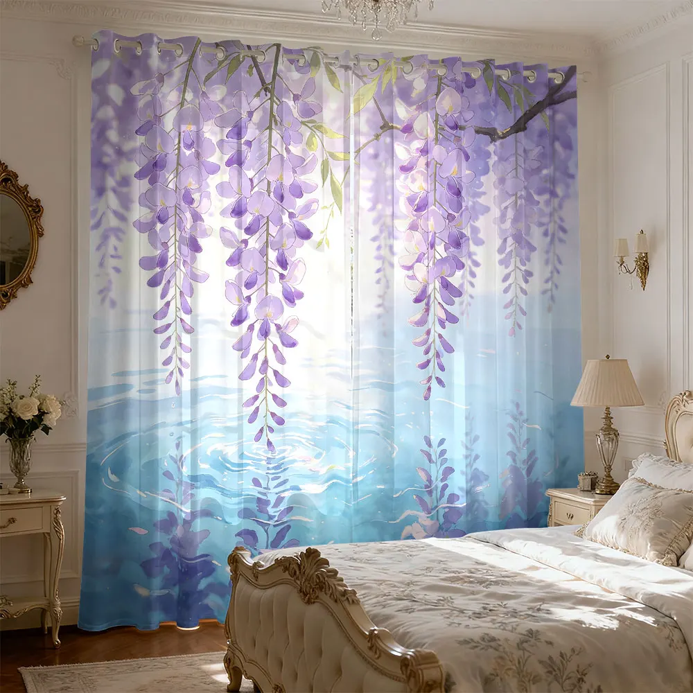 2pcs Wisteria Flower 90g Printed Curtains Living Room Bedroom Insulation Multi Size Fashionable Home Decoration