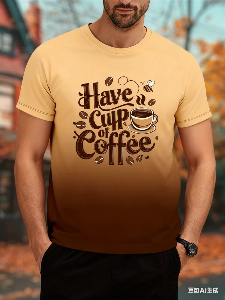 

3D Gradient Color Pattern Men's T-shirt Minimalist Coffee Letter Print Short Sleeve Top Leisure Fashion Daily O-neck Men Clothes