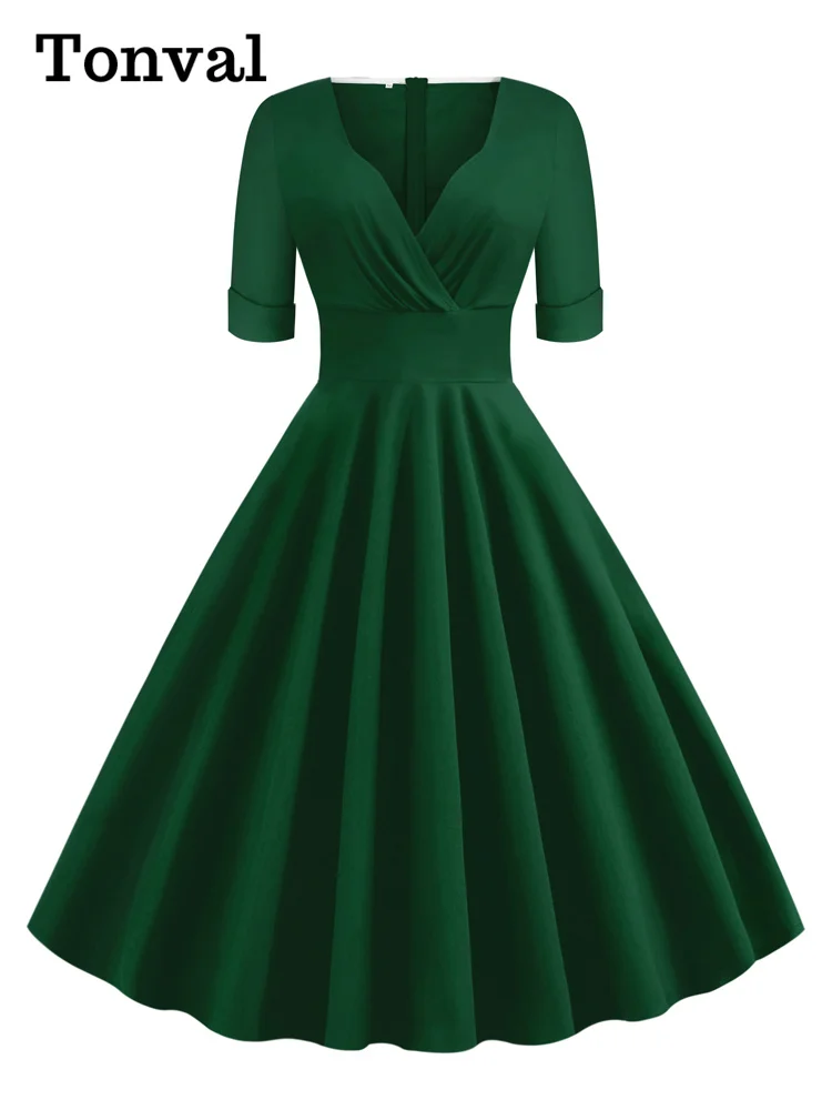Tonval Sexy V-Neck High Waist Cotton Dresses for Women 2024 Autumn Half Sleeve Solid Plain Retro Vintage Party Midi Dress