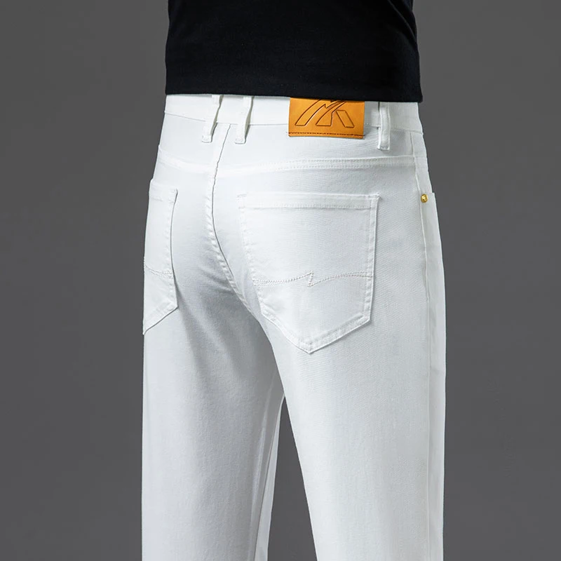 2024 Nieuwe Zomer Heren Dunne Roomwitte Jeans Klassieke Stretch Rechte Denim Broek Zakelijk Mode Katoenen Broek Mannelijk Merk