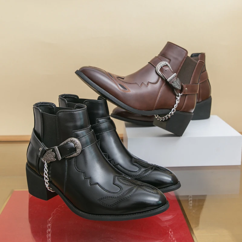 

Men Boots Business Chelsea Boots Black-brown Color Men High-heeled Durable Fashionable Buckle Brand Boots Sizes 38-46 Men Shoes
