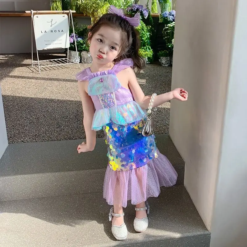 

Summer Fancy Mermaid Dress Siren Cosplay Costume Girl Birthday Party Clothing Feastured Vocation Dress Up Kid Carnival Vestido