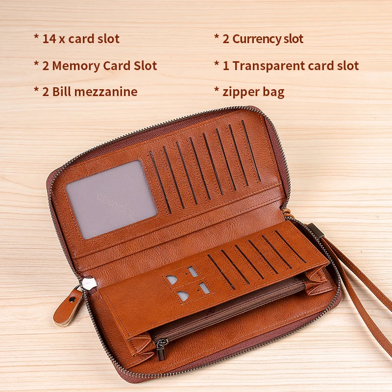 محفظة جلدية للرجال طويلة جديدة من جلد البقر الناعم حقيبة يد للسفر خفيفة فاخرة وبسيطة ذات سعة كبيرة وفرشاة مضادة للسرقة متدرجة اللون أصفر